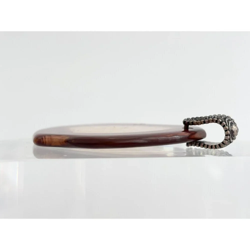 Polished Brown Crystal Free-Form Shaped Large Silver Toned Vintage Pendant